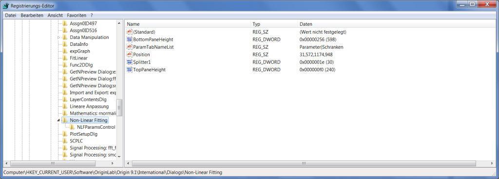 Registry-Standardwerte für den NLFit-Dialog